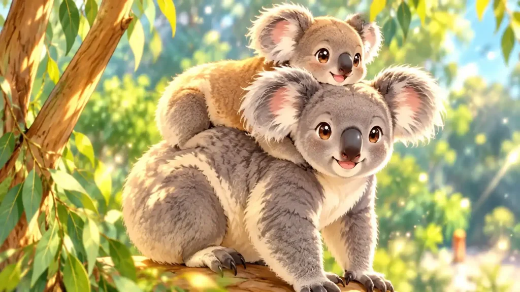 خانواده کوالاها در جنگل اکالیپتوس با نور آفتاب، به سبک انیمه