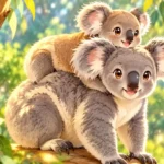 خانواده کوالاها در جنگل اکالیپتوس با نور آفتاب، به سبک انیمه