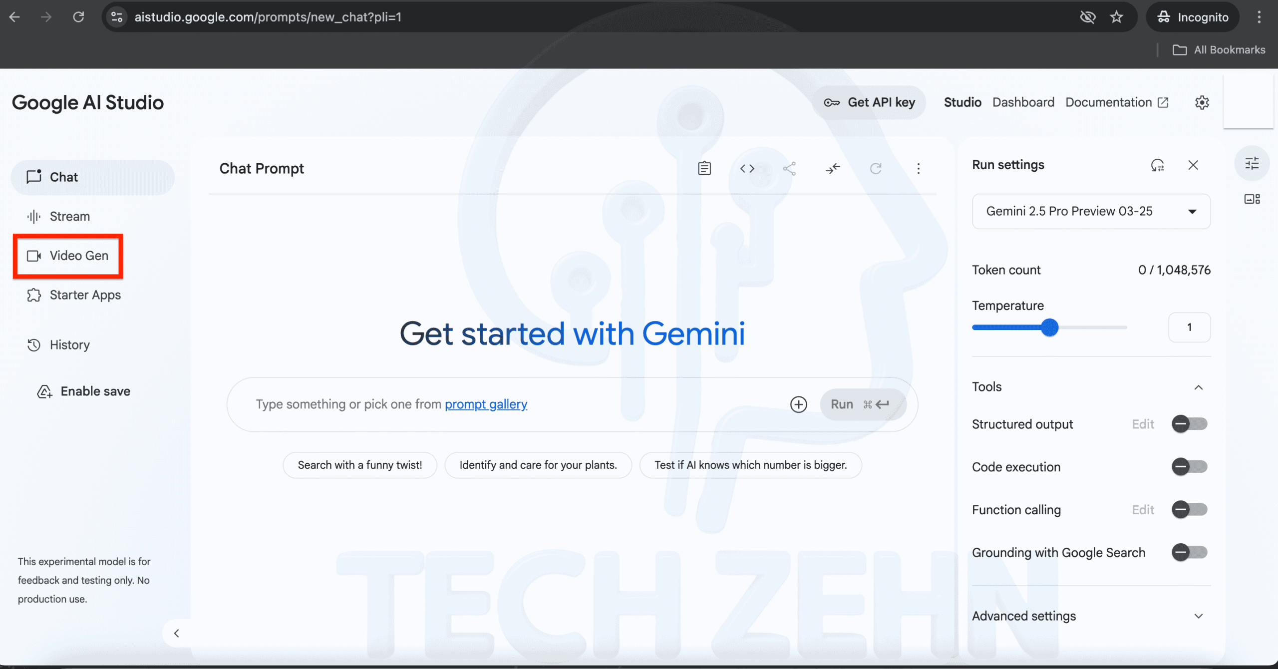 داشبورد پس از ورود به Google AI Studio