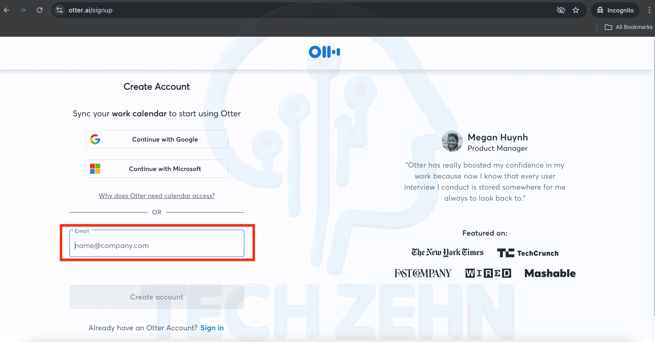 وارد کردن ایمیل برای تبدیل صدا به متن با Otter.ai
