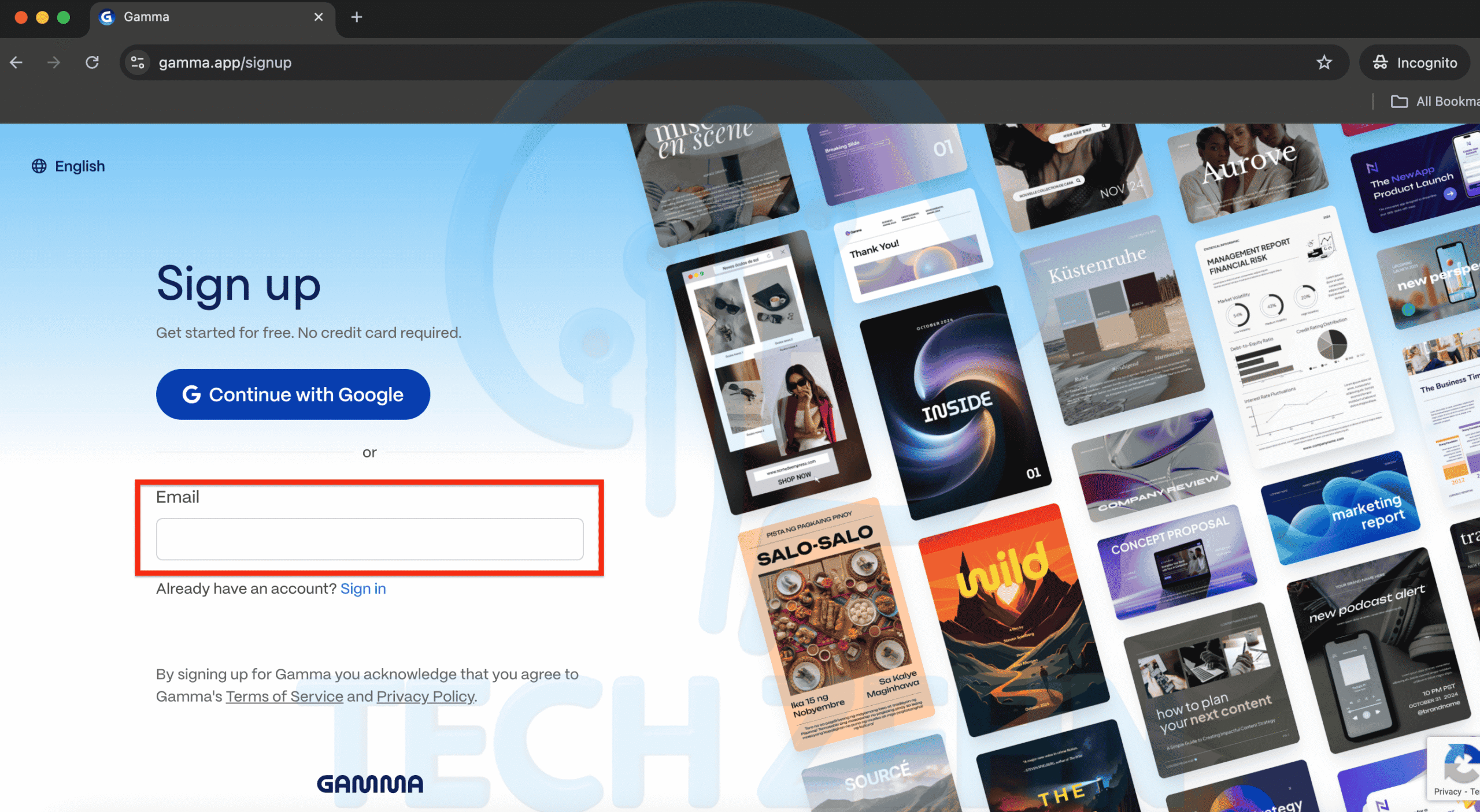 وارد کردن ایمیل برای ساخت اکانت در هوش مصنوعی Gamma