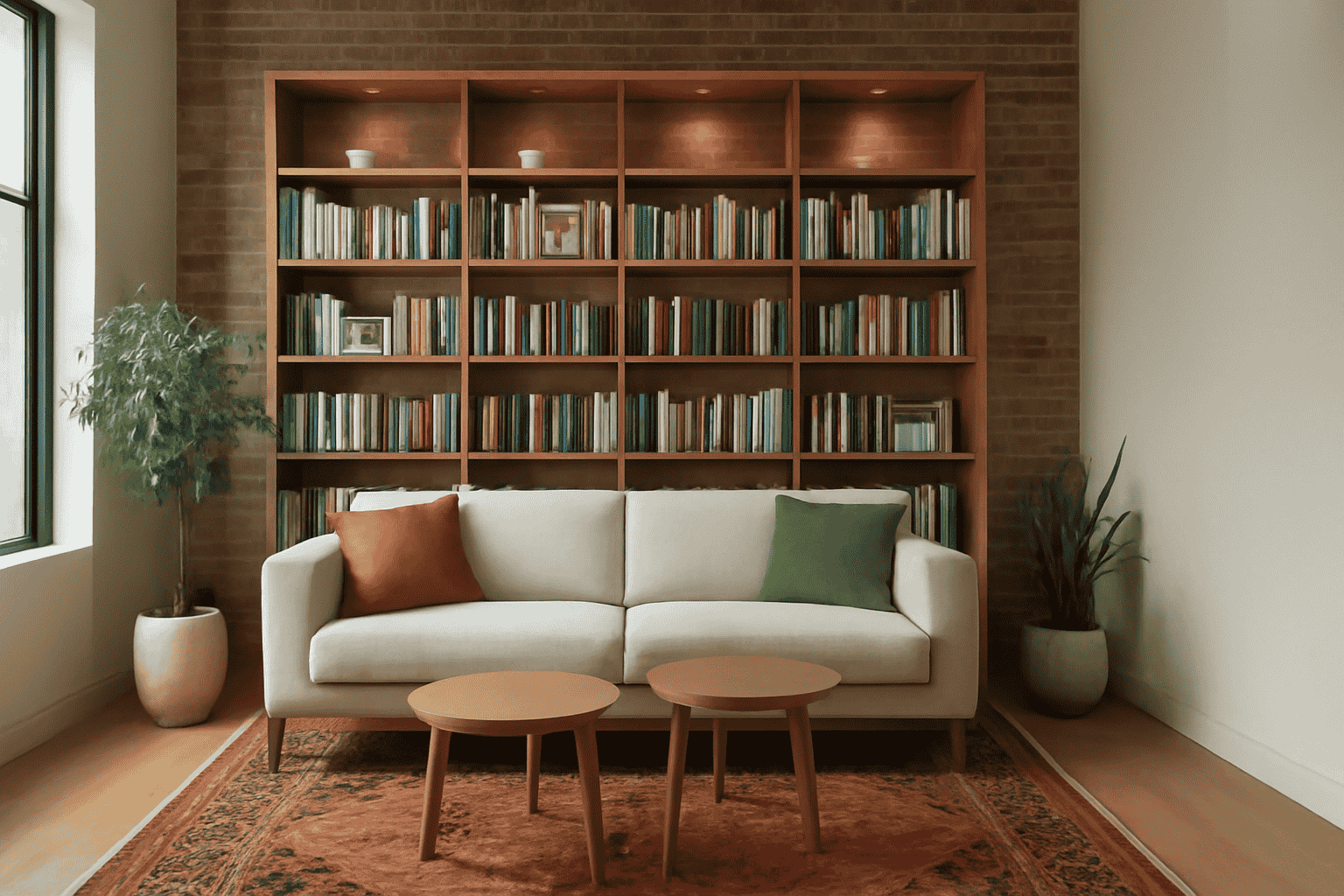 طراحی نشیمن مینیمال با کتابخانه چوبی و فرش ایرانی با پرامپت سبک زندگی با هوش مصنوعی