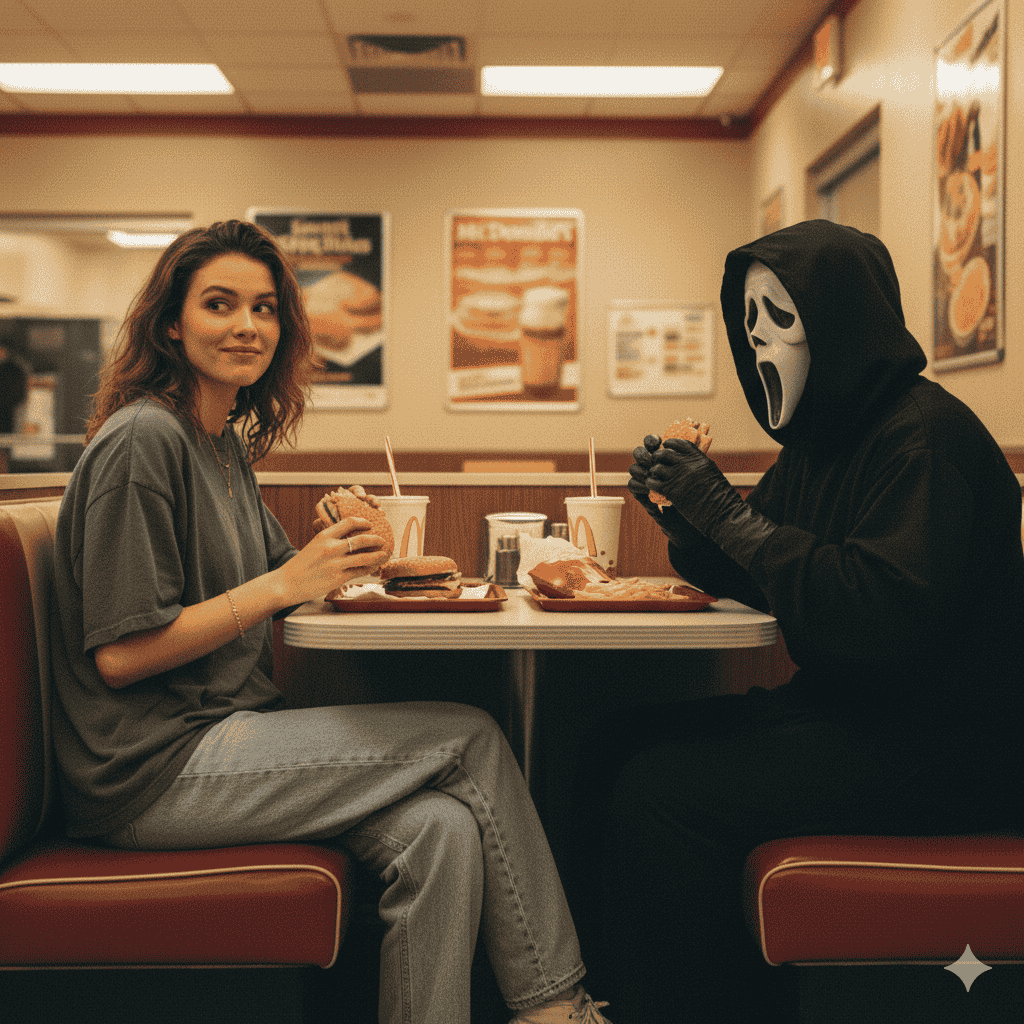 وقتی Ghostface هم گرسنه میشود! این ترکیب غیرمنتظره با ادیت عکس هالووین با هوش مصنوعی خلاقانه ممکن شده است.