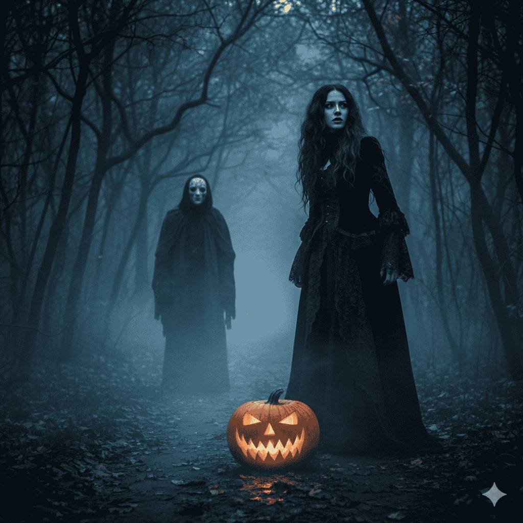 وقتی حس میکنید تنها نیستید... 😱 این تعلیق و وحشت زیبا در دل جنگل، نتیجهی خلاقیت با ادیت عکس هالووین با هوش مصنوعی است.