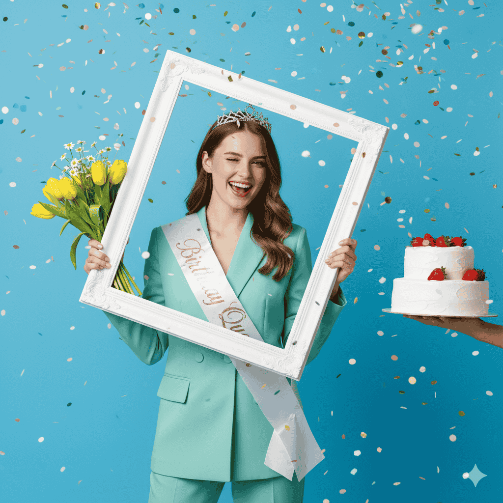 کیک توتفرنگی و ملکه تولد در قاب با ادیت عکس تولد با هوش مصنوعی جمینای