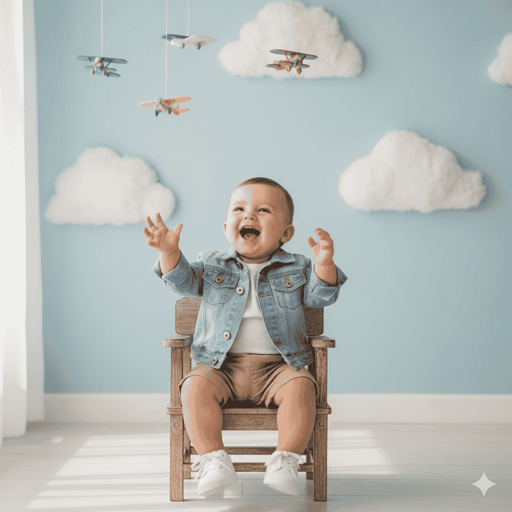 استایلی جذاب با دکوراسیون آبی و سفید، نتیجه یک پرامپت عکاسی از نوزاد با دقت بالا در جزئیات صحنه.