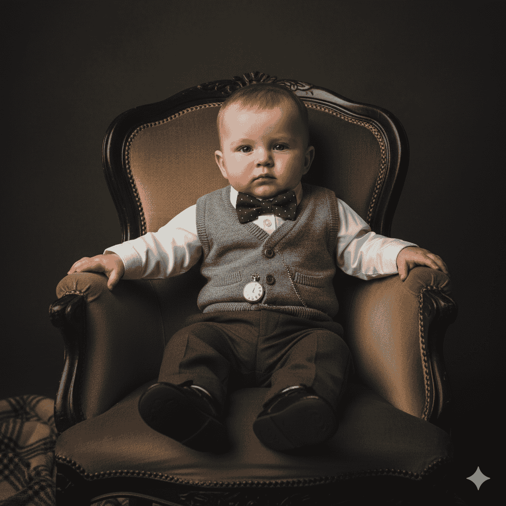 پرامپت عکاسی از نوزاد با تم «شخصیت‌های کلاسیک»
