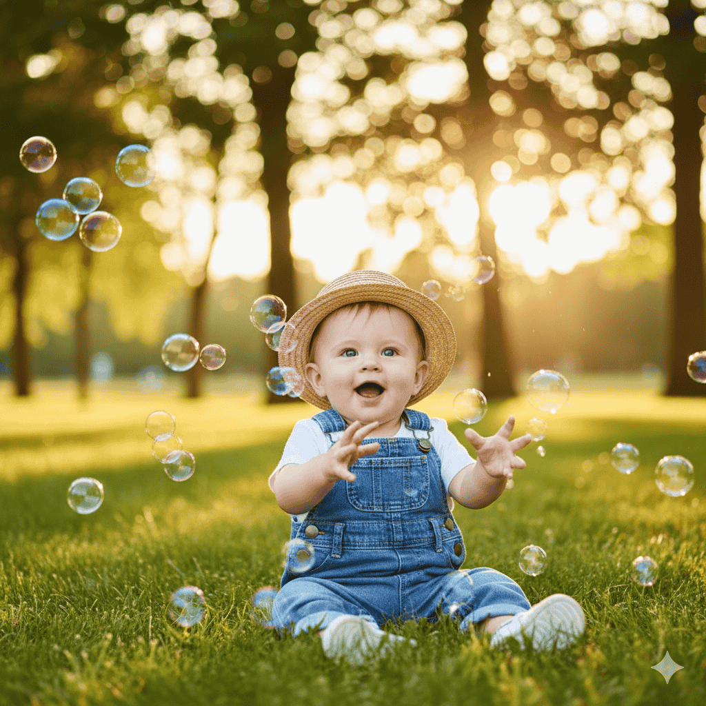 تماشای دنیای حبابها، با چشمهایی پر از شگفتی از پرامپت عکاسی از نوزاد در فضای باز.