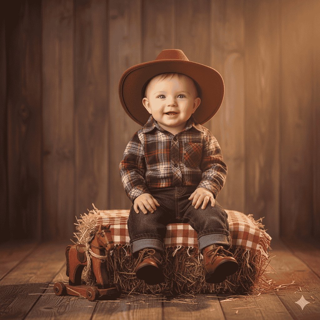 پرامپت عکاسی از نوزاد با کلاه کابوی و پیراهن چهارخانه.