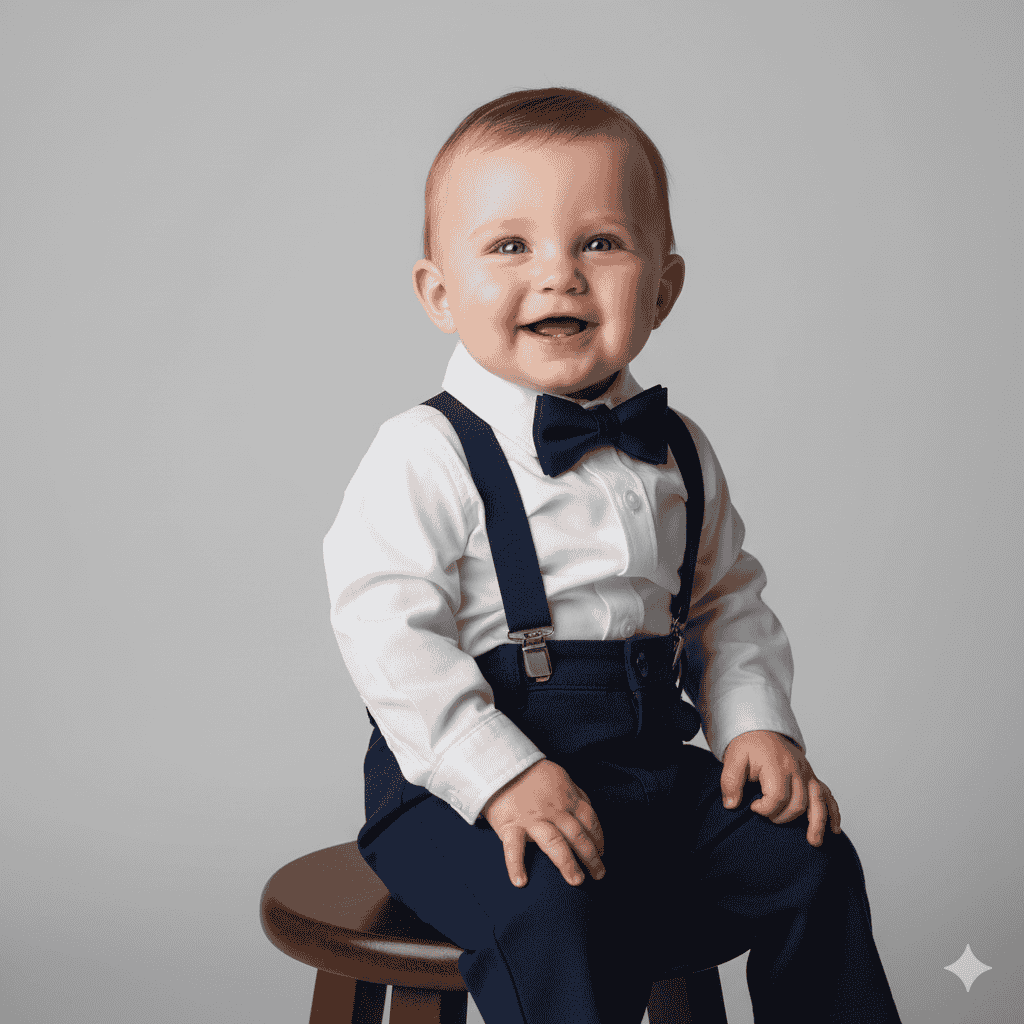 با این پیراهن و پاپیون، او کوچکترین و شیکترین مهمان دنیاست! نتیجه یک پرامپت عکاسی از نوزاد.