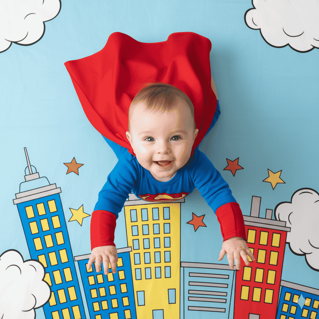 عکس از یک پرامپت عکاسی از نوزاد با تم کمیک الهام گرفته شده.