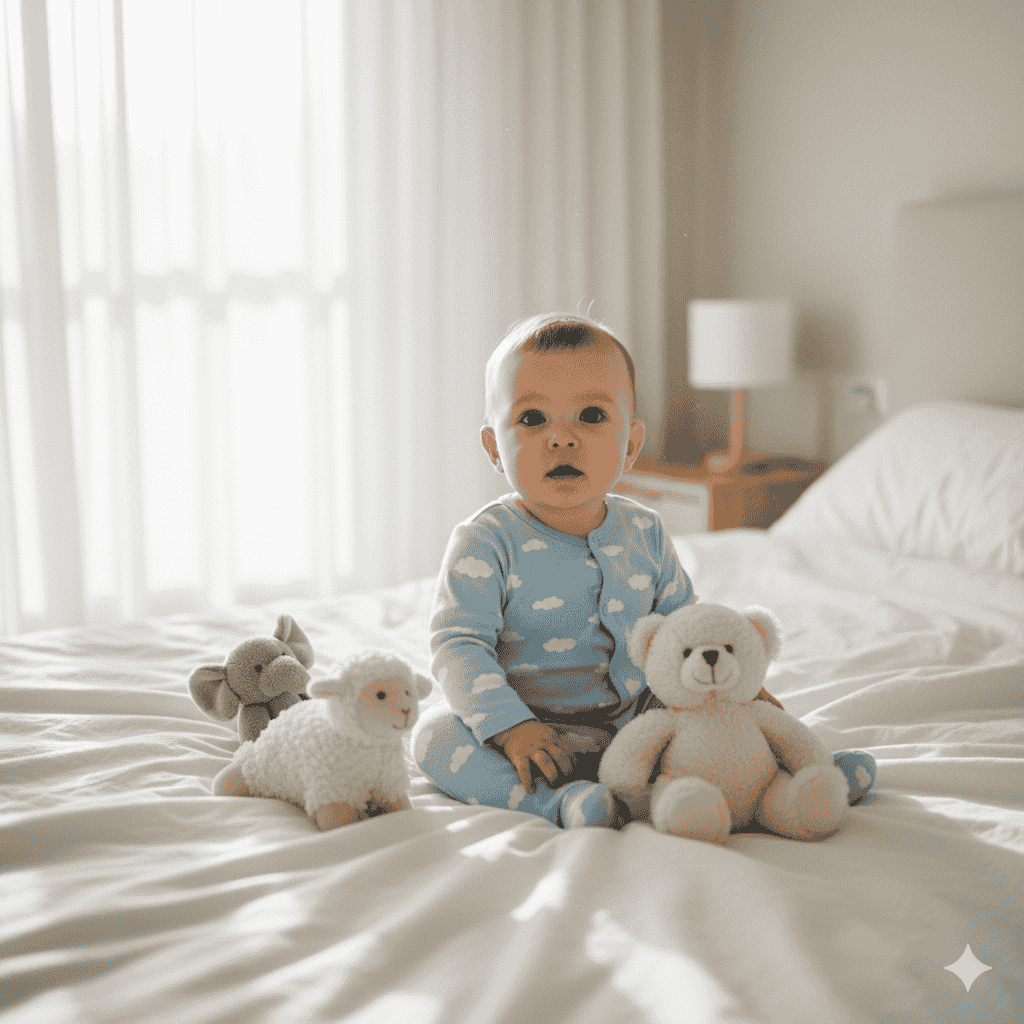 آرامش صبحگاهی با نوری ملایم با یک پرامپت عکاسی از نوزاد مینیمال و آرامشبخش.