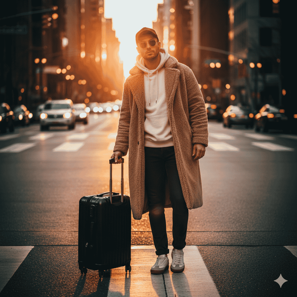 ساخت عکس فرد با چمدان در شهر در سایت جمینی