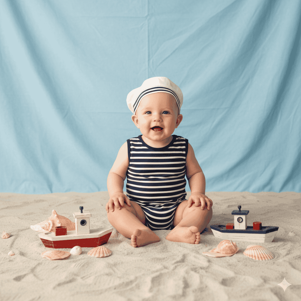 کوچک‌ترین کاپیتان دنیا، در انتظار کشف اقیانوس‌ها! حاصل یک پرامپت عکاسی از نوزاد خلاقانه.