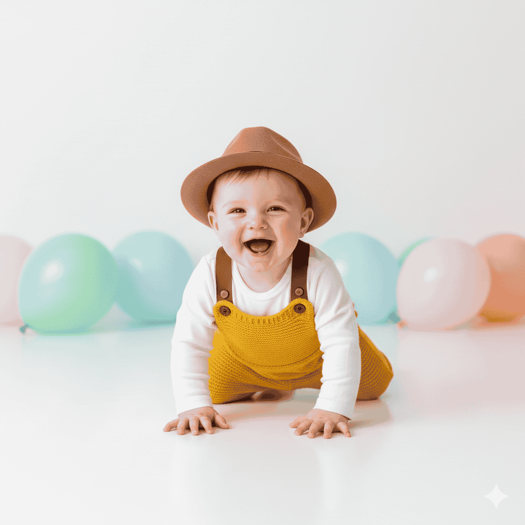 ثبت لحظهی تبدیل تلاش برای سینهخیز رفتن به یک خندهی بیوقفه با یک پرامپت عکاسی از نوزاد.