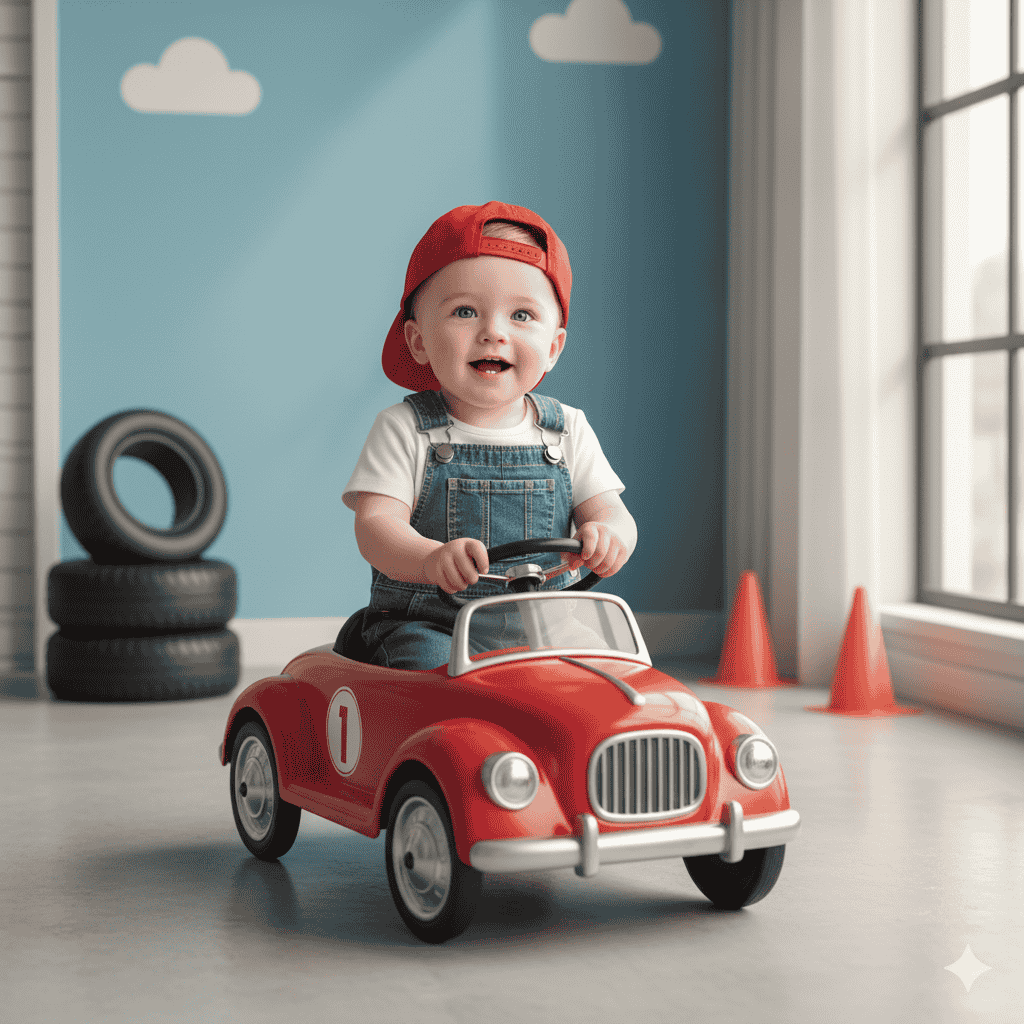 لباس کار و کلاه قرمز، پرامپت عکاسی از نوزاد با تم گاراژ.