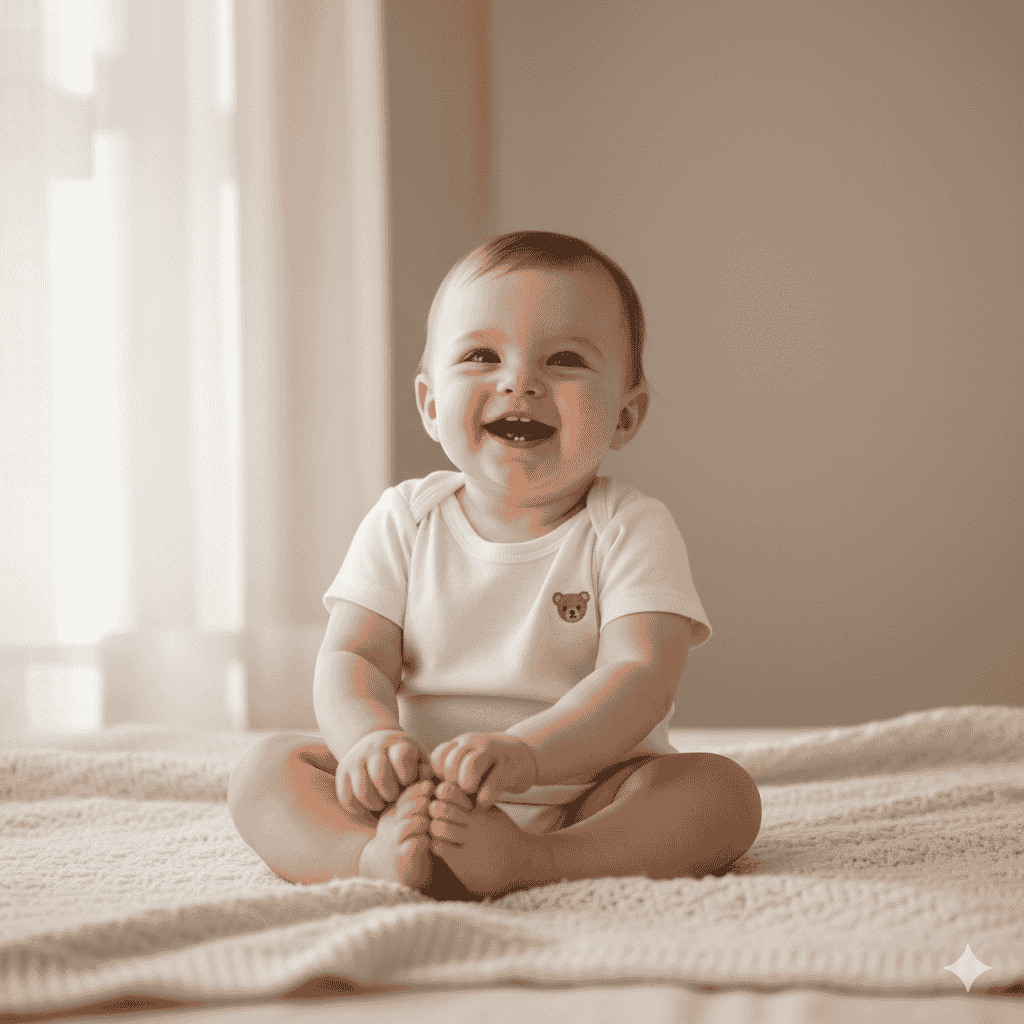 دنیای ساده و زیبای کوچک ما: پاهای برهنه و یک خندهی شیرین از یک پرامپت عکاسی از نوزاد.