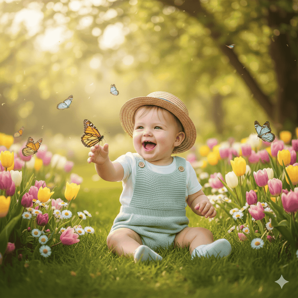 لباس سبز نعنایی و کلاه حصیری، یک ترکیب بی‌نظیر برای این پرامپت عکاسی از نوزاد