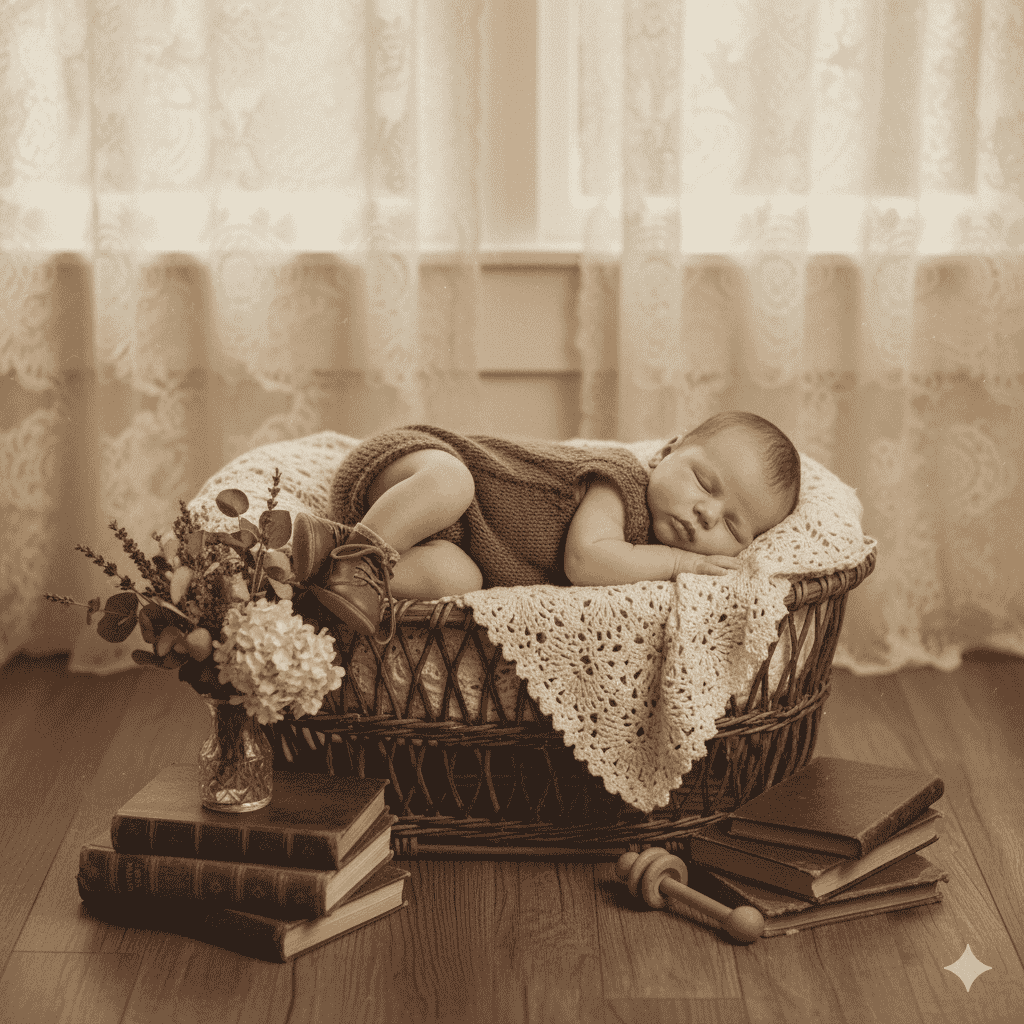 کتابهای قدیمی، گلهای خشک و یک آرامش بیزمان. این عکس، تنها یک ثبت ساده نیست؛ یک میراث است! همه این حس در یک پرامپت عکاسی از نوزاد جمع شده بود.