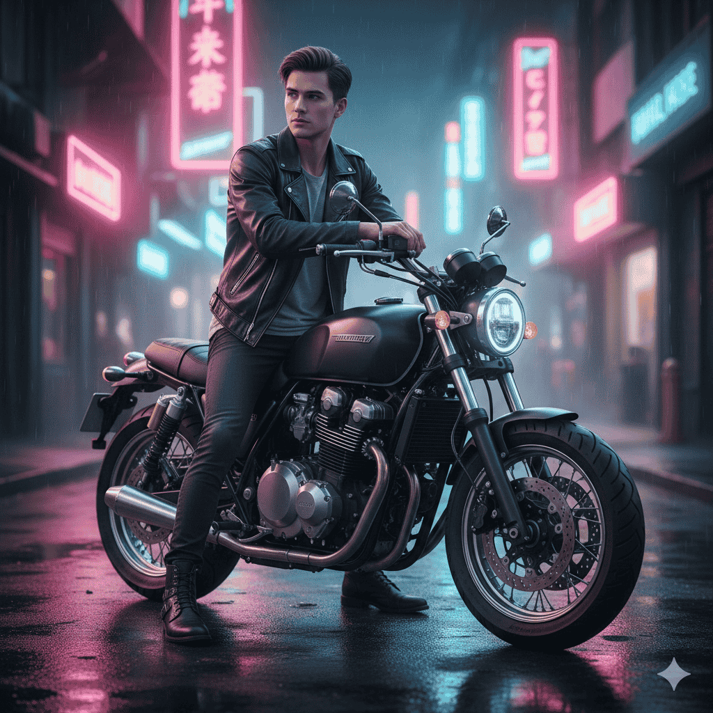 طراحی عکس با موتور در فضای نئونی شهری با سایت Gemini