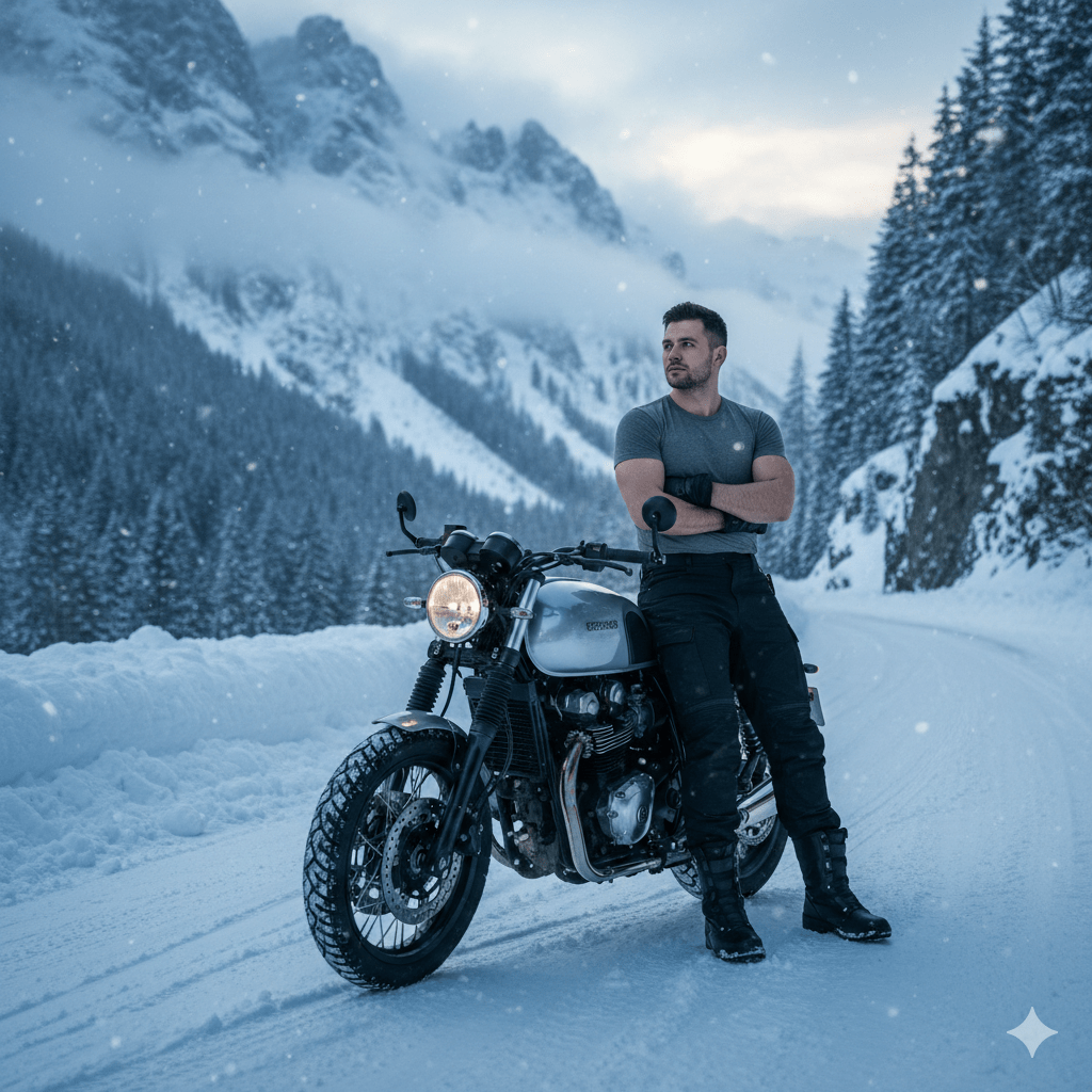 پرامپت طراحی عکس با موتور در فضای کوهستانی برفی با جمنای