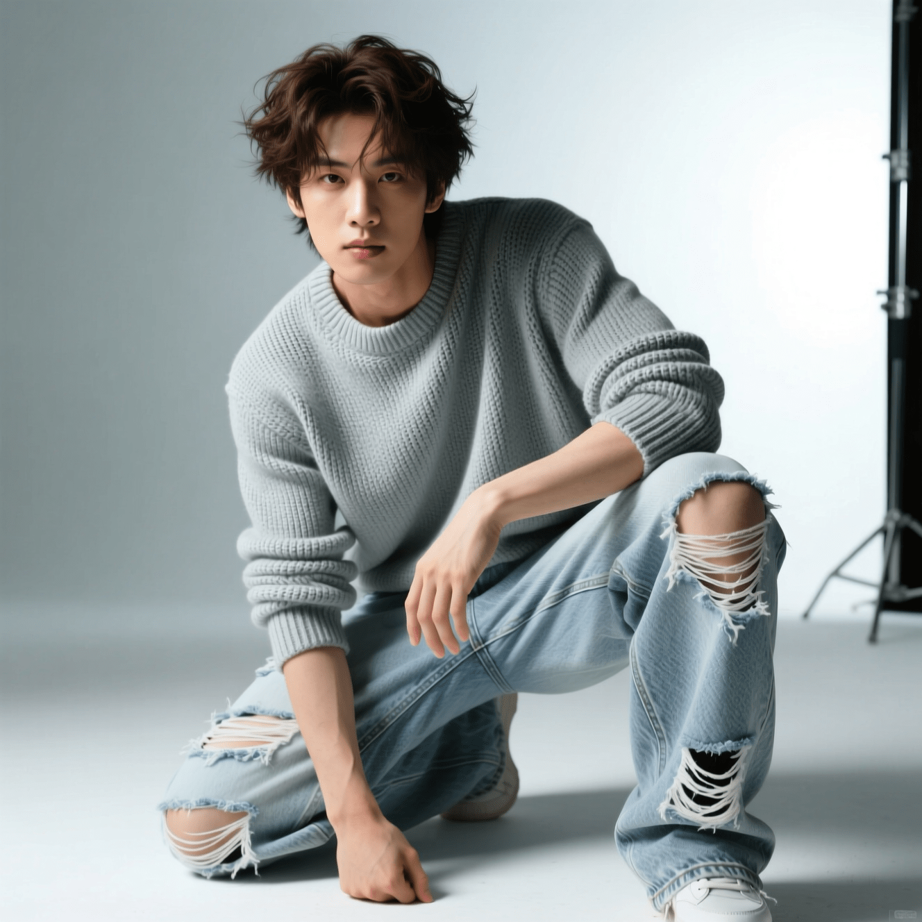 طراحی ژست نشسته خیابانی-استودیویی مدل با پرامپت هوش مصنوعی کوئن