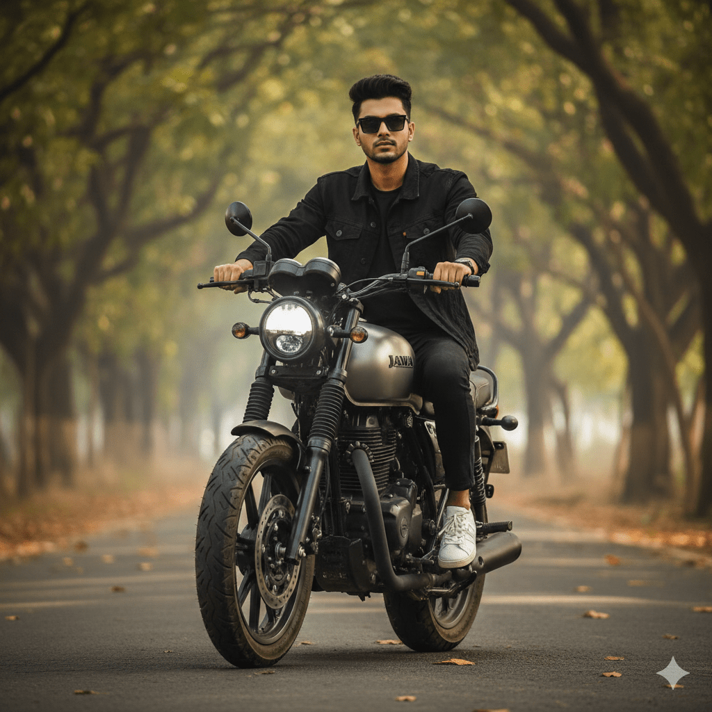 طراحی عکس روی موتور در یک فضای پردرخت با سایت Gemini