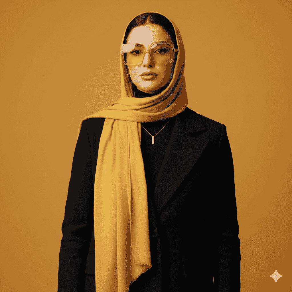 طراحی عکس زنانه استودیویی با فضا و عینک خردلی توسط سایت رایگان Gemini