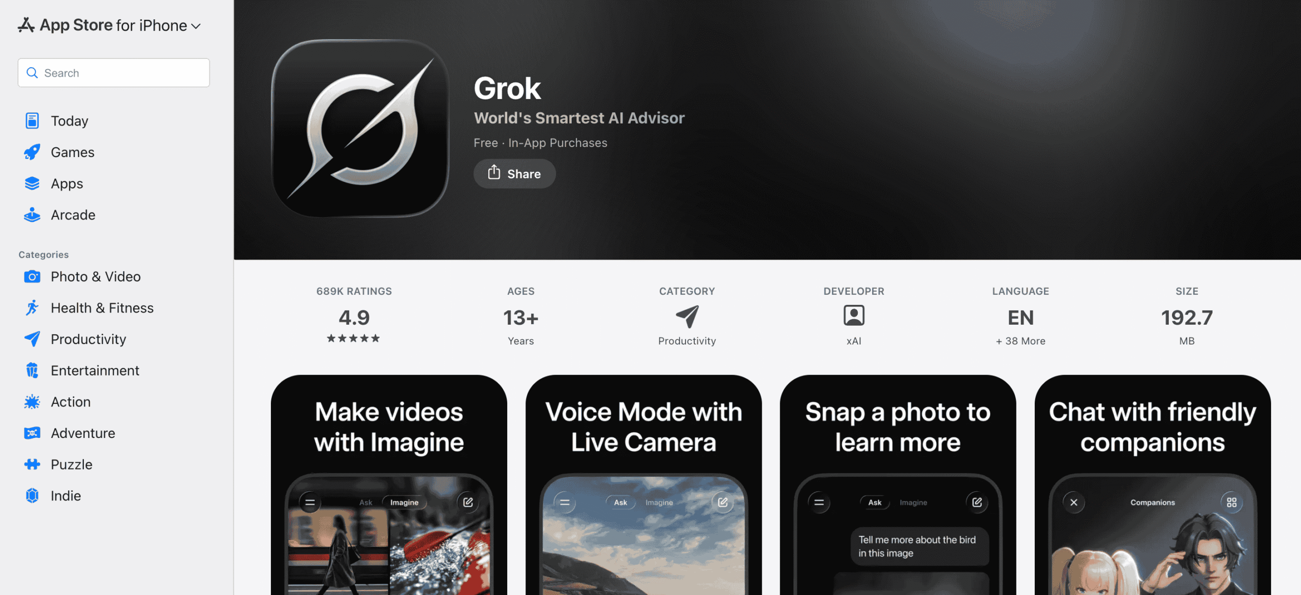 صفحه هوش مصنوعی گراک در اپ استور (برای گوشیهای آیفون)
