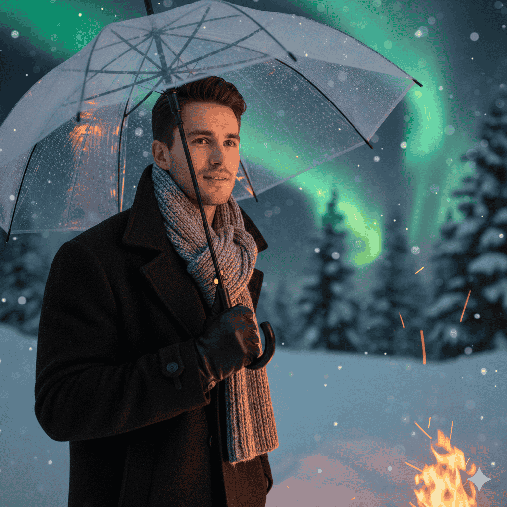 فردی با چتر شفاف در فضای زمستانی به کمک ساخت تصاویر حرفه‌ای با سایت Gemini