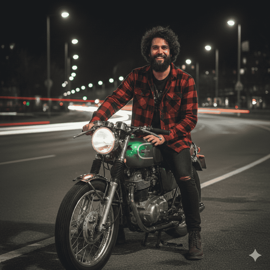 موتورسوار به سبک نوستالوژیک با پرامپت عکاسی با هوش مصنوعی در سایت Gemini