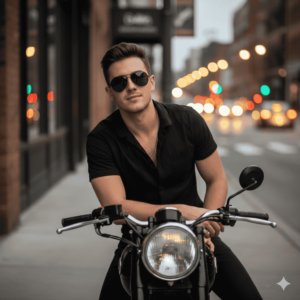 پرامپت طراحی عکس روی موتور در فضای شهری با جمنای