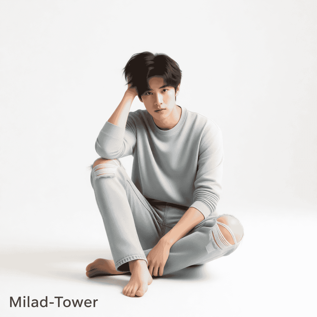 عکس نشسته از یک مدل با نگاه مستقیم به کمک سایت Qwen