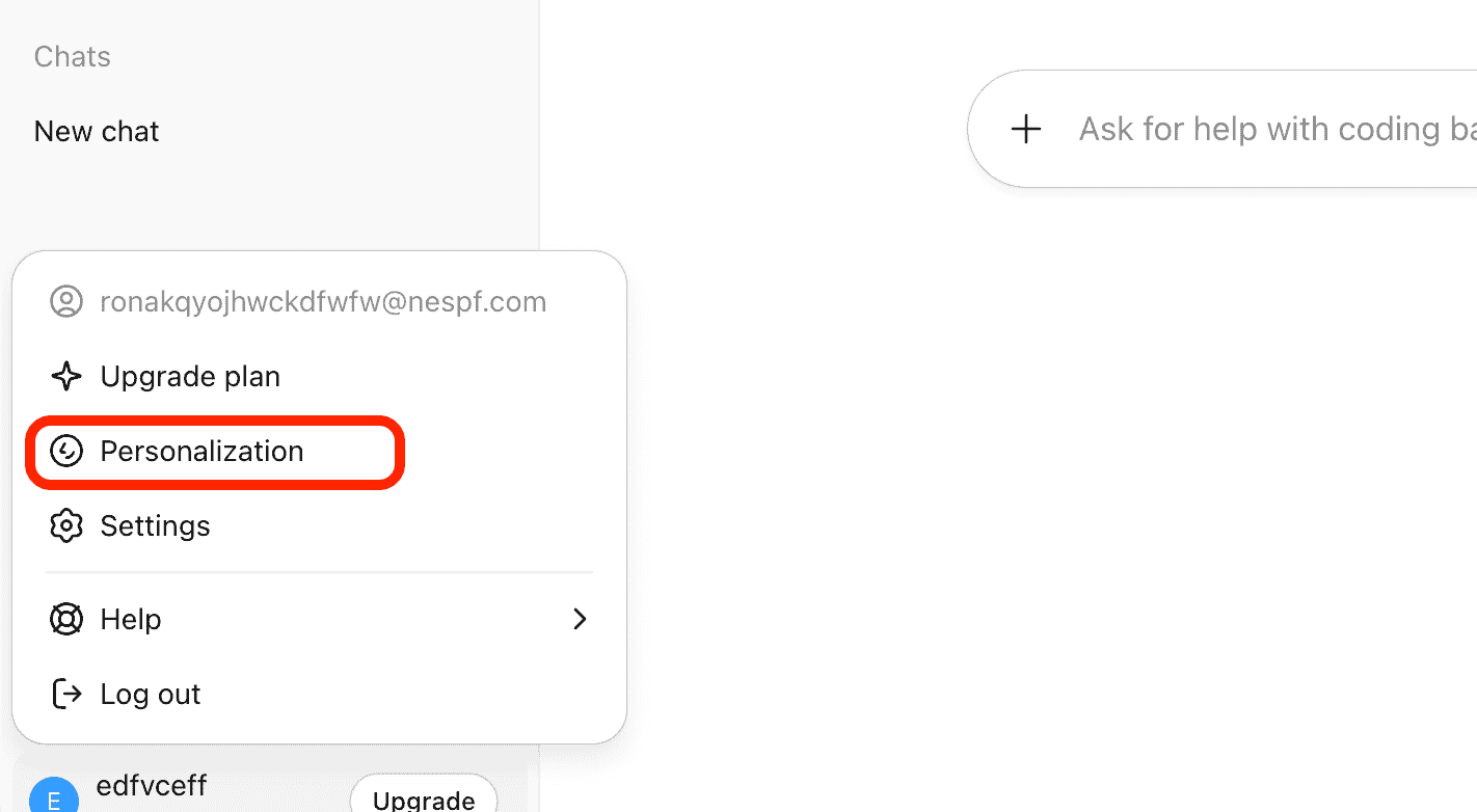 انتخاب بخش شخصی سازی در حساب کاربری سایت چت جی پی تی رایگان