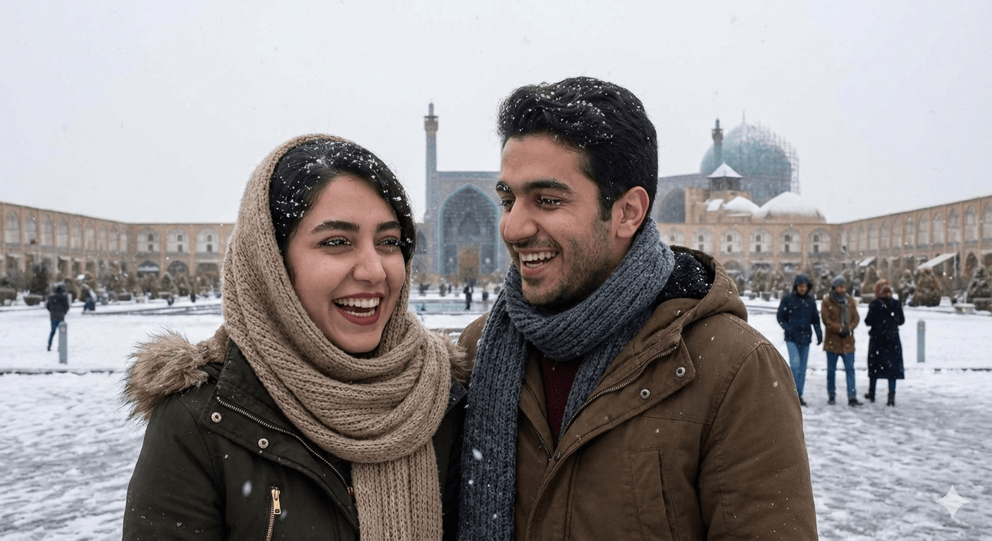 ساخت عکس دو نفره در فضای زمستانی نقش جهان