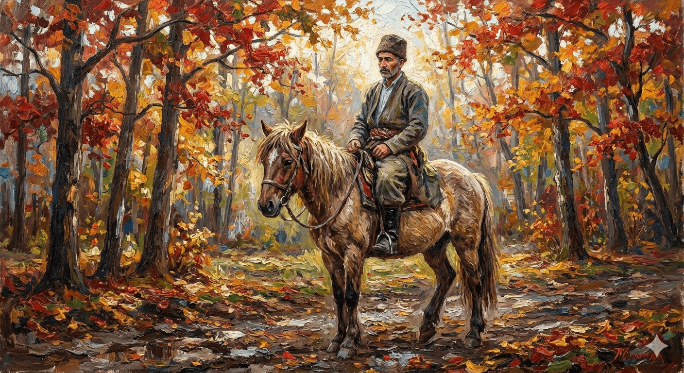 این تصویر با استفاده از سایت Gemini و دستور «یک نقاشی رنگ روغن امپرسیونیستی از یک مرد ایرانی که در جنگلی از درختان افرا سوار بر یک اسب شمالی است» ساخته شده است.