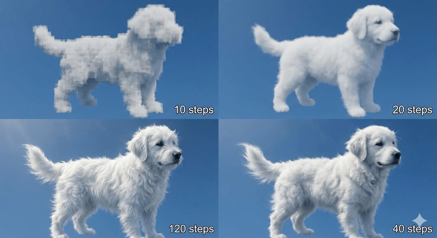 ابری به شکل سگ در آسمان آبی. از بالا سمت چپ، در جهت عقربه‌های ساعت: در ۱۰ مرحله، ۲۰ مرحله، ۴۰ مرحله و ۱۲۰ مرحله.