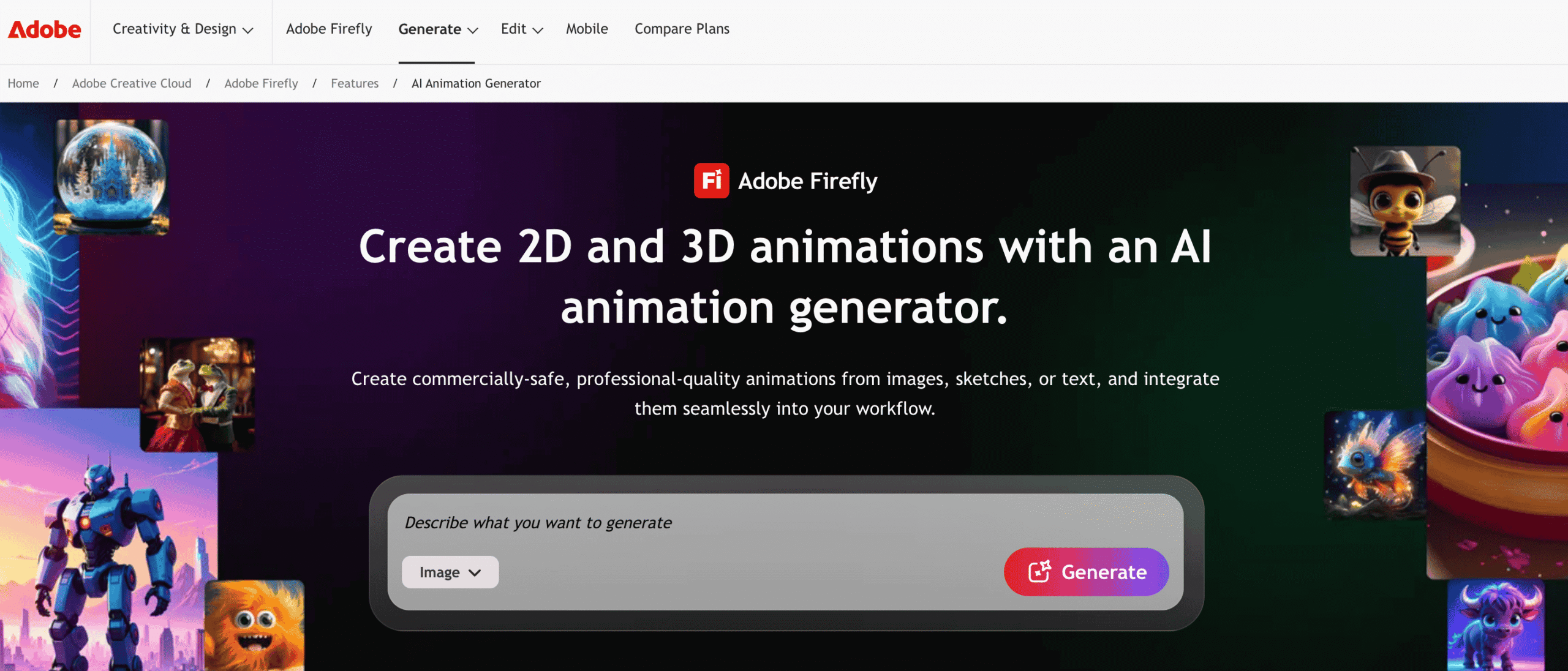صفحه ابزار ساخت انیمیشن با هوش مصنوعی در Adobe Firefly.