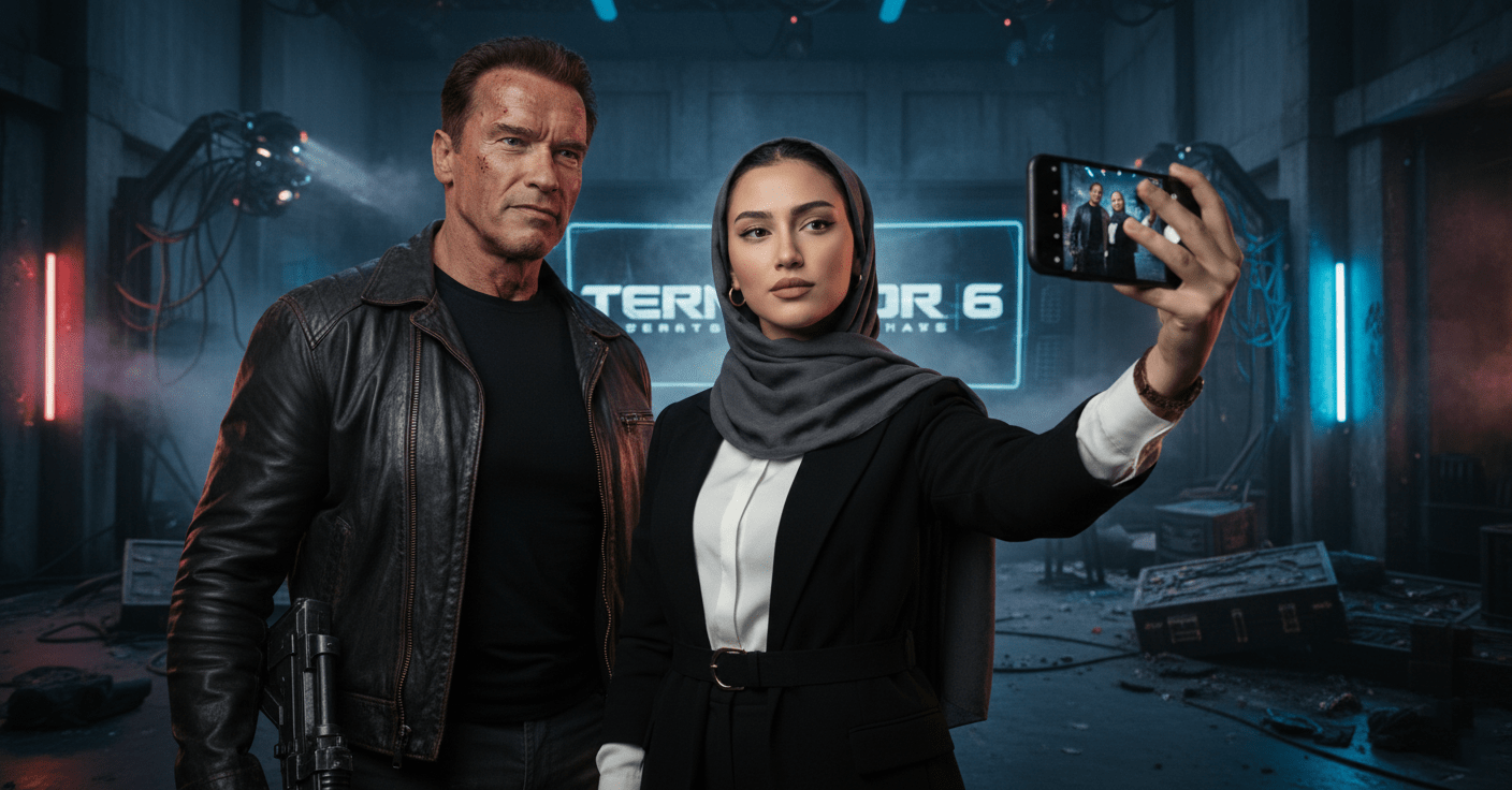 نمونه‌ای از یک تصویر تولید شده که در آن کاربر خود را در کنار آرنولد در پشت صحنه فیلم ترمیناتور قرار داده است.