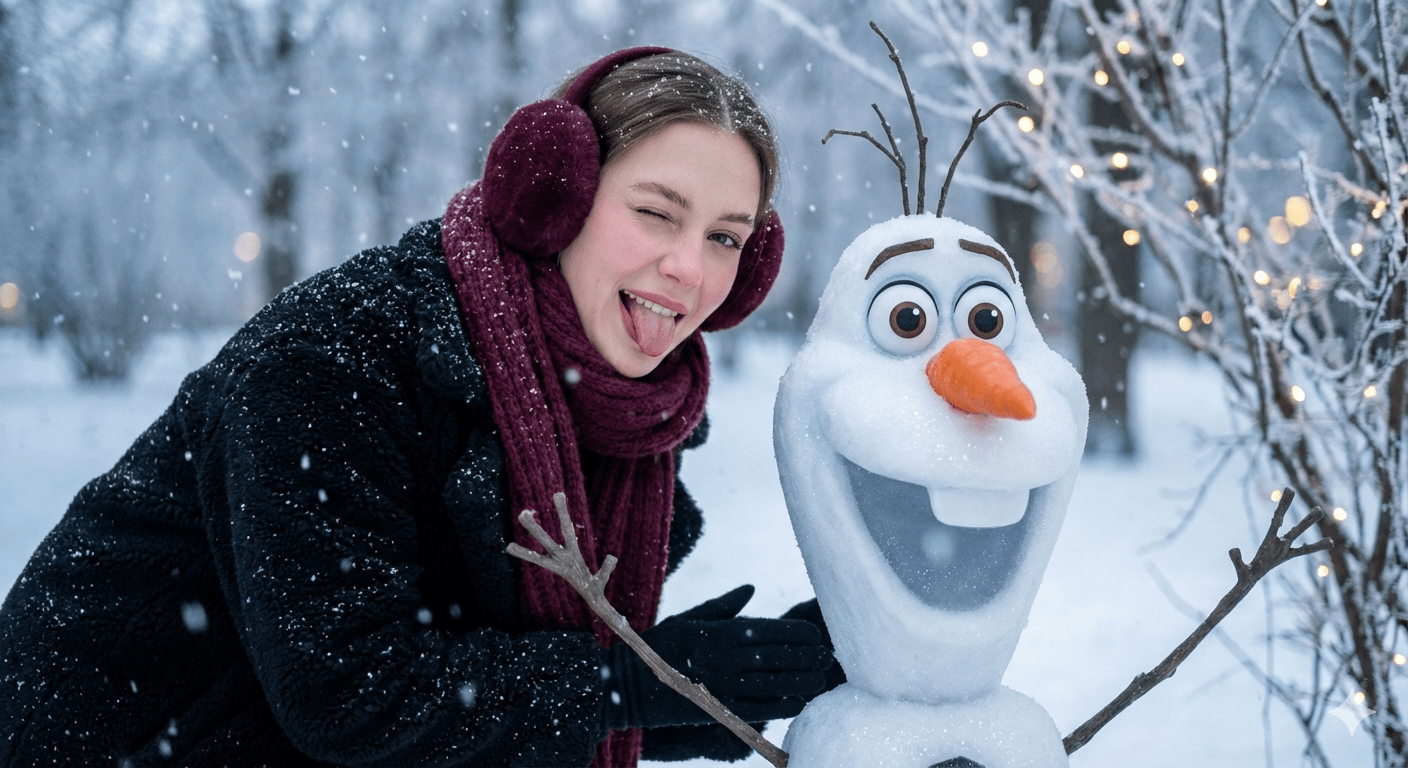 ساخت عکس زمستانی کنار آدم برفی به کمک هوش مصنوعی جمنای