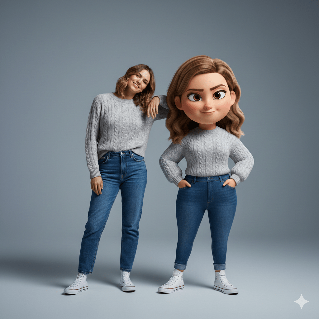 پرامپت عکس هایپررئال با کیفیت فوق‌العاده بالا که یک انسان واقعی و یک نسخه سه‌بعدی غول‌پیکر به سبک پیکسار ساخته میشود