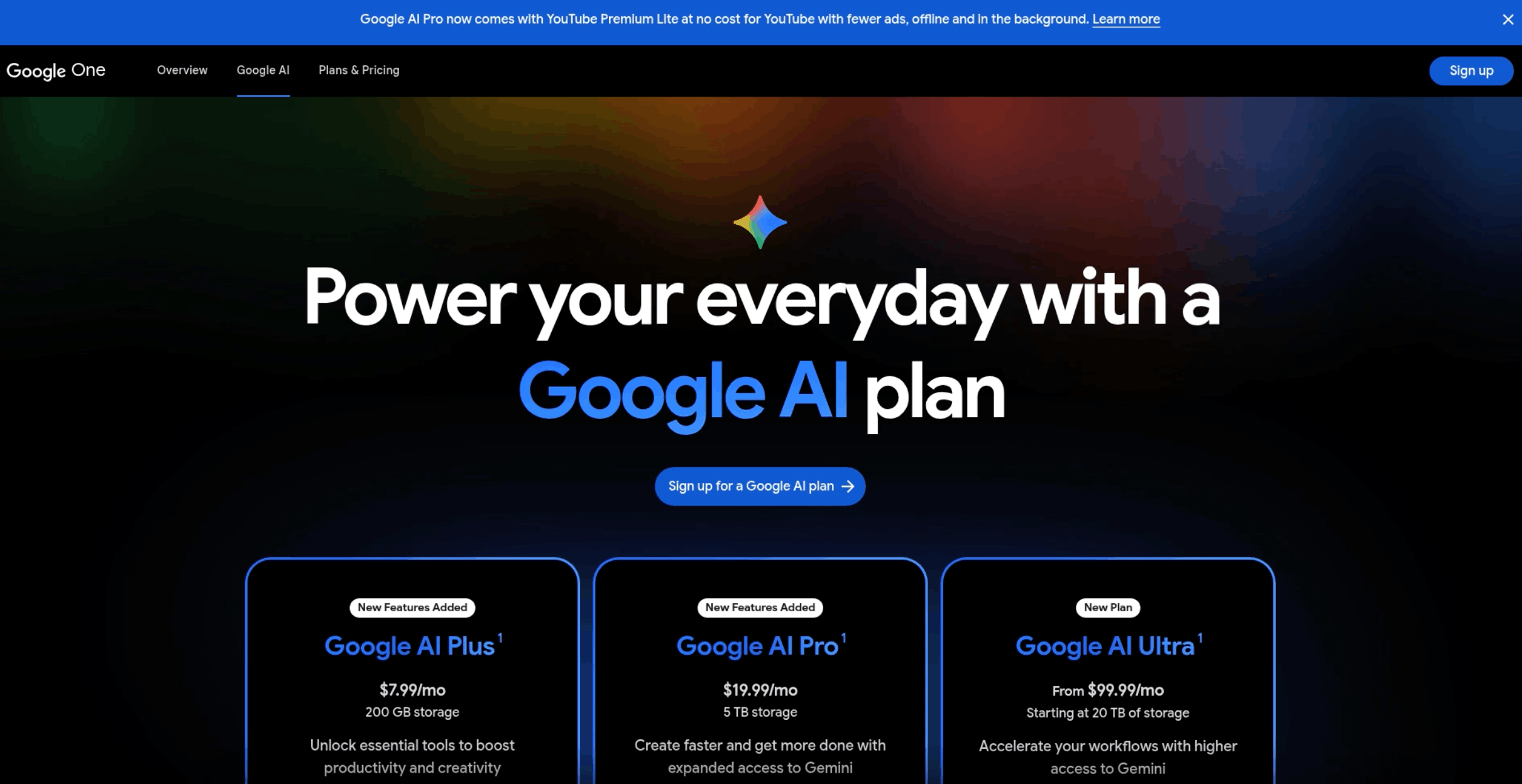 اسکرینشات صفحه پلنهای Google AI