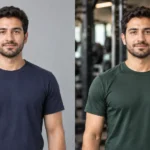 تصویر مفهومی پرامپت عکس بدنسازی؛ مقایسه پرتره یک شخصیت خیالی در زمینه ساده و فضای باشگاه