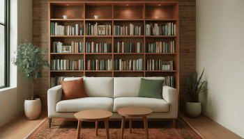 طراحی نشیمن مینیمال با کتابخانه چوبی و فرش ایرانی با پرامپت سبک زندگی با هوش مصنوعی